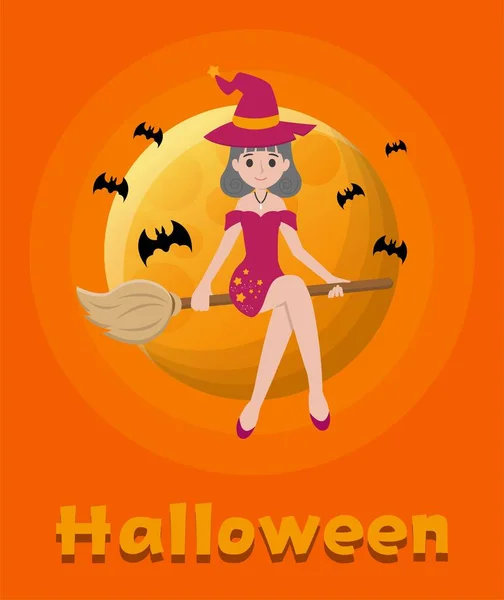 Bruja Halloween Montando Una Escoba Cielo Nocturno Ilustración Vectores Cómicos — Vector de stock