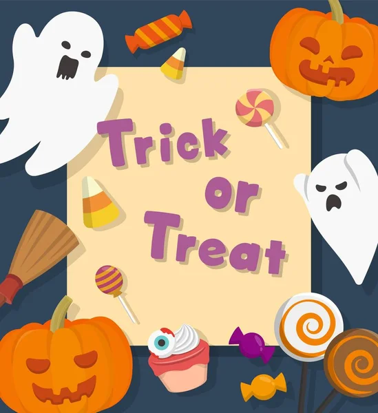 Halloween Kürbis Gespenst Süßigkeiten Poster Karte Flaches Design Cartoon Comic — Stockvektor