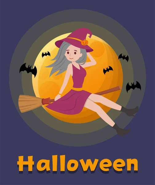 Halloween Heks Rijden Een Bezem Nacht Hemel Cartoon Stripverhaal Vector — Stockvector