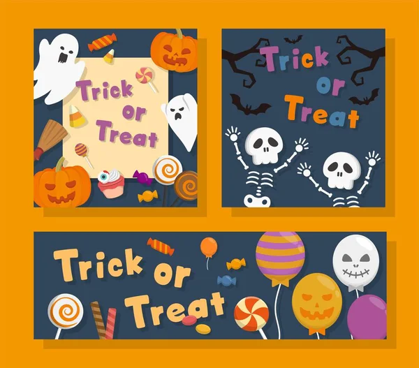 Poster Set Halloween Kürbisse Mit Niedlichen Und Gruseligen Geistern Und — Stockvektor