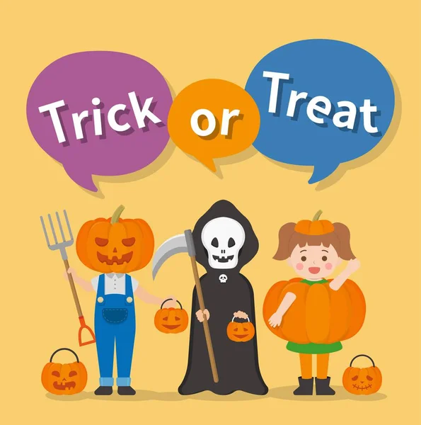 Niedliche Und Verspielte Kinder Halloween Kostümen Tricks Oder Leckereien Vektorillustration — Stockvektor