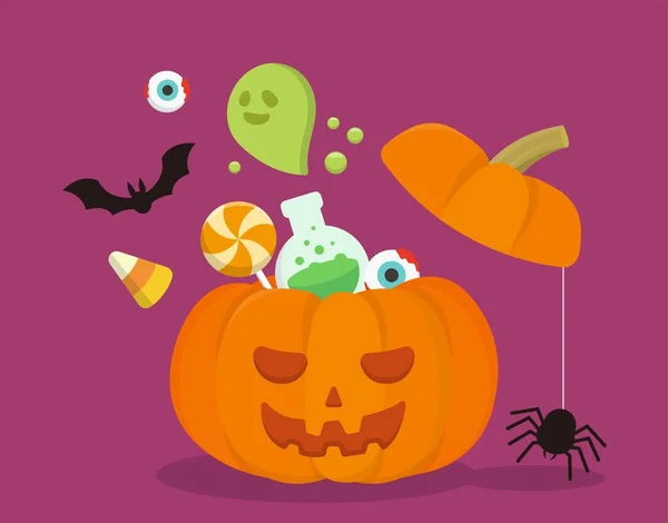 Kürbislaternen Sind Voll Von Halloween Elementen Bonbons Lutschern Geistern Fledermäusen — Stockvektor