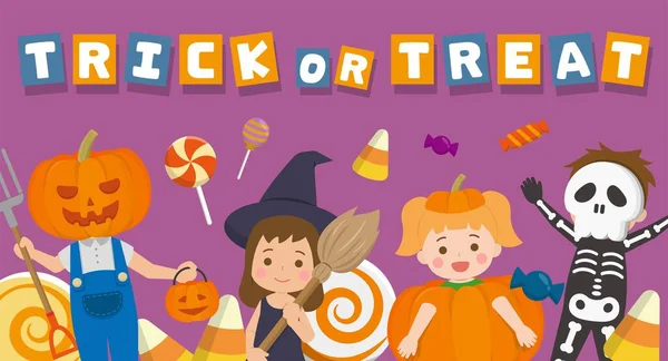 Enfants Mignons Avec Des Costumes Halloween Heureux Participer Célébration Carte — Image vectorielle