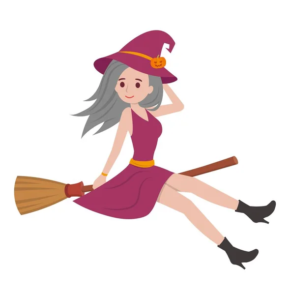 Beautiful Witch Riding Broom Isolated White Background Cartoon Comic Style — Stock Vector