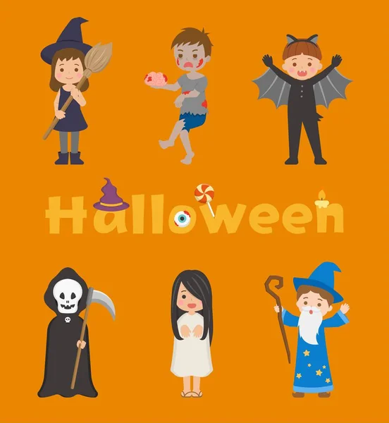 Adorabili Costumi Halloween Bambini Streghe Zombie Pipistrelli Morte Maghi — Vettoriale Stock