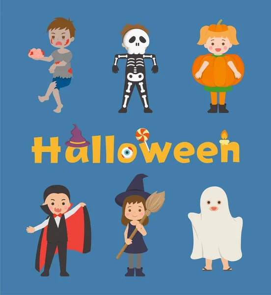 Adorabili Costumi Halloween Bambini Zombie Scheletri Zucche Vampiri Streghe Fantasmi — Vettoriale Stock