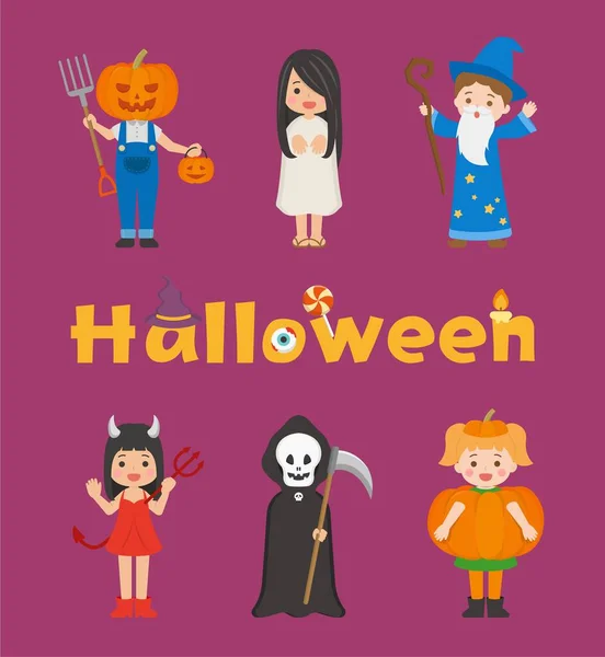 Disfraces Halloween Para Niños Lindos Calabazas Magos Esqueletos Diablos Muerte — Vector de stock