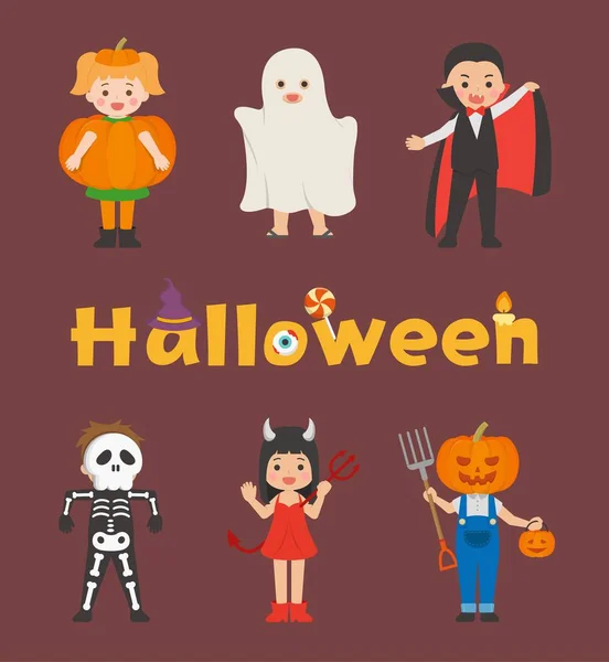Cute Children Halloween Costumes Pumpkins Ghosts Vampires Skeletons — Stock Vector
