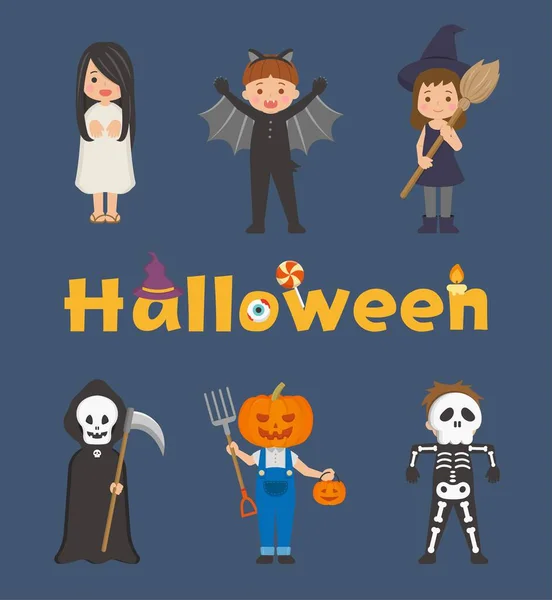 Cute Dzieci Halloween Kostiumy Czarownice Nietoperze Dynie Śmierć Szkielety — Wektor stockowy