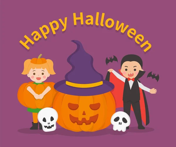 Tatlı Eğlenceli Çocuk Cadılar Bayramı Kostümleri Balkabağı Vampir Iskelet — Stok Vektör
