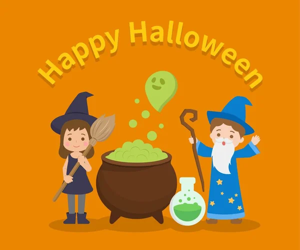 Tatlı Eğlenceli Çocukların Cadılar Bayramı Kostümleri Cadılar Büyücüler Kazanlar Zehirli — Stok Vektör