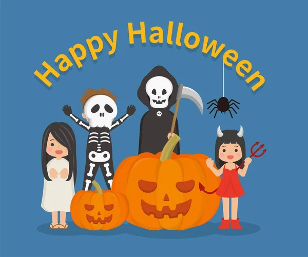 Słodkie Zabawne Kostiumy Dla Dzieci Halloween Dynie Szkielety Śmierć Demony — Wektor stockowy