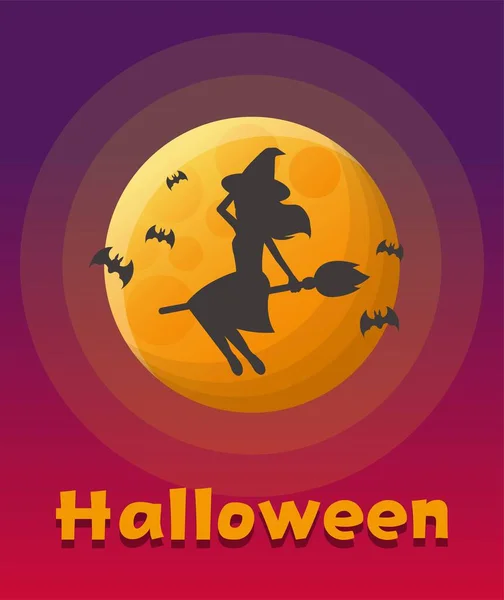 Halloween Hexe Oder Hexe Fliegen Schwarze Silhouette Mit Mond Comic — Stockvektor