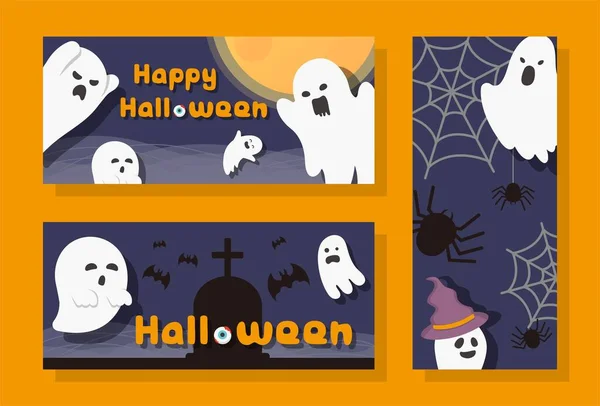 Halloween Spaventosi Poster Fantasma Giocoso Impostato Vettoriale Design Piatto — Vettoriale Stock