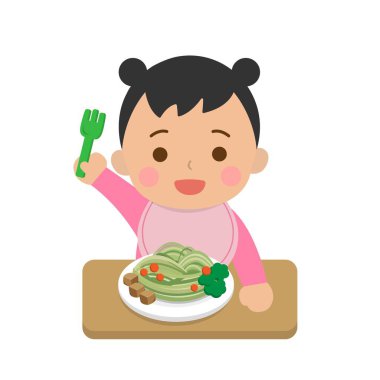 Erişte yiyen şirin bebek, besleyici bebek maması, vektör çizimi veya ikon