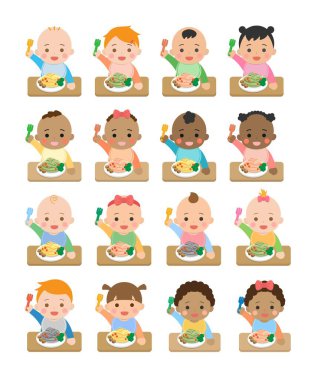 Bebek günlük çizim seti, farklı ırklar ve ten renkleri, bebek maması ve erişte, sevimli ve oyuncu vektör stili çizim karakterleri.