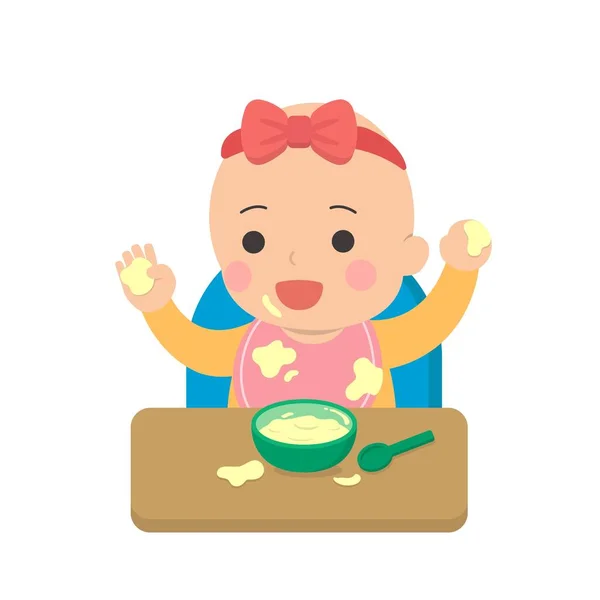 可爱的婴儿吃饭 用手指抓取食物 凌乱的餐桌 日常生活 病媒图解或图标 — 图库矢量图片