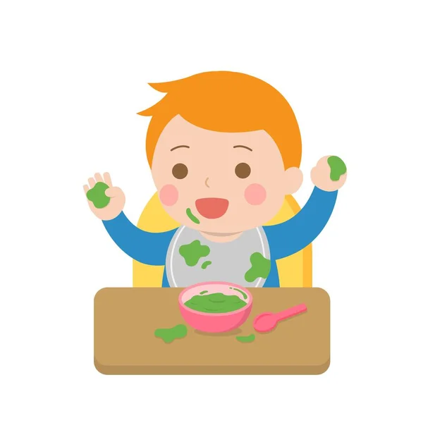 Aranyos Baba Evés Megragadta Ételt Ujjaival Rendetlen Étkező Asztal Mindennapi — Stock Vector
