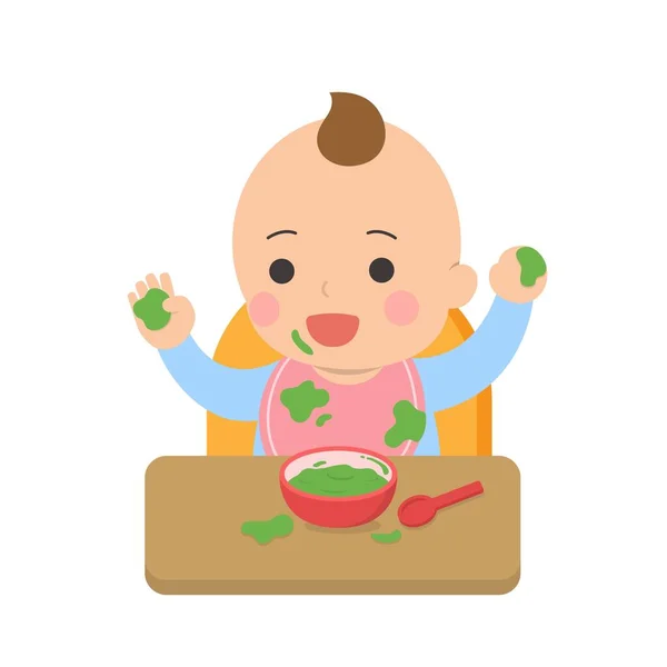 Mignon Bébé Manger Saisir Nourriture Avec Les Doigts Table Manger — Image vectorielle