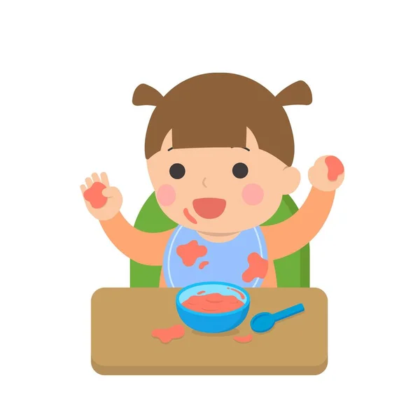 可爱的婴儿吃饭 用手指抓取食物 凌乱的餐桌 日常生活 病媒图解或图标 — 图库矢量图片