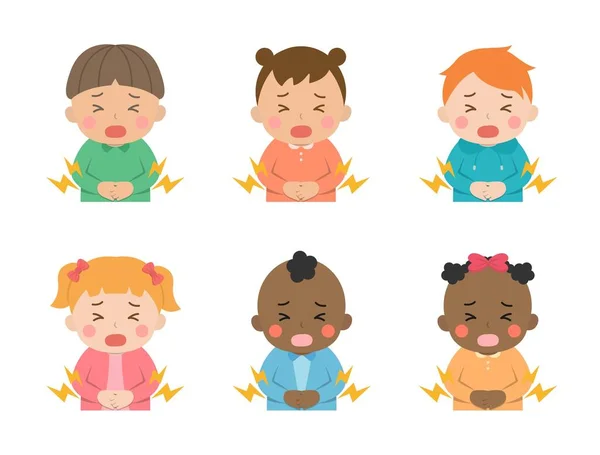 Söta Barn Med Magsmärta Eller Gastroenterit Olika Raser Och Färger — Stock vektor