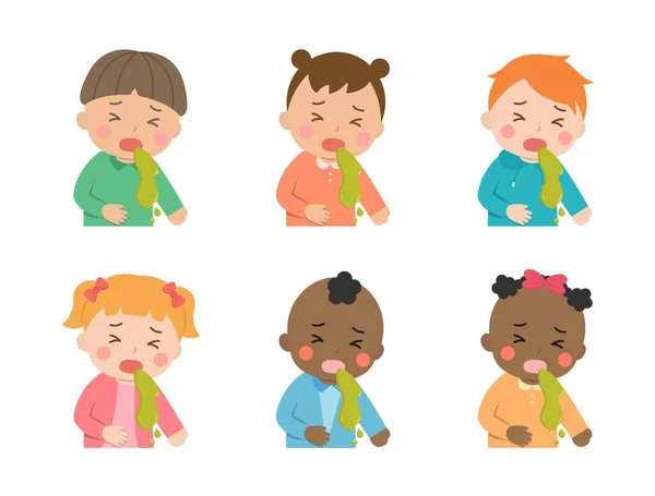 Niños Lindos Vómitos Enfermedad Infección Diferentes Razas Colores Ilustración Vectorial — Vector de stock