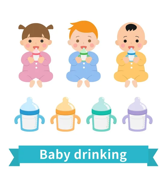 Niedliche Babys Die Milch Trinken Fütterungsflaschen Für Babys Vektorillustration Cartoon — Stockvektor