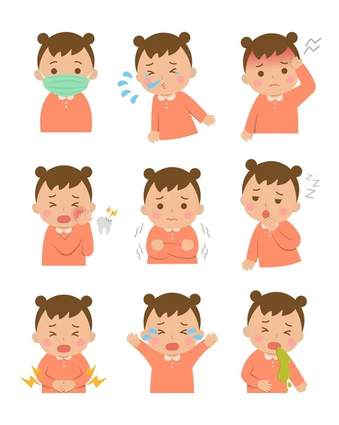 Cute Children Sickness Pain Virus Infection Set Vomiting Cold Cold — Stock Vector
