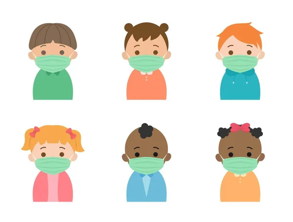 Słodkie Dzieci Maskami Medycznymi Ochrona Przed Zakażeniem Wirusem Zapobieganie Alergii — Wektor stockowy