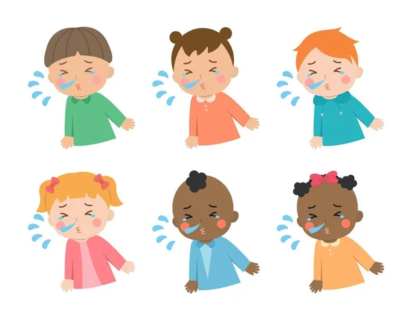 Söta Barn Med Nysningar Eller Rinnande Näsa Eller Allergi Eller — Stock vektor