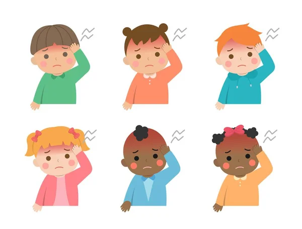 Bambini Svegli Con Mal Testa Febbre Diverse Razze Colori Della — Vettoriale Stock