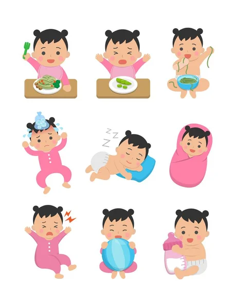 Tipos Conjunto Estilo Vida Diaria Del Bebé Comer Fideos Comedores — Vector de stock