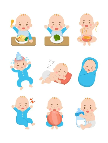 Tipos Conjunto Estilo Vida Diaria Del Bebé Comer Fideos Comedores — Vector de stock