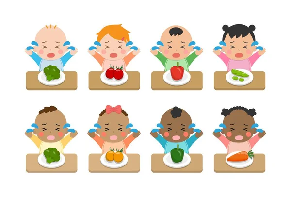 Baby Tägliche Illustrationsset Nahrungsverweigerung Ekelhaftes Gemüse Verschiedene Rassen Und Hautfarben — Stockvektor