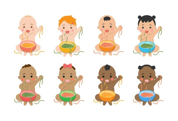婴儿日用图片集 学习吃饭 用双手抓面 不同的种族和肤色 可爱有趣的矢量风格图片集 — 图库矢量图片