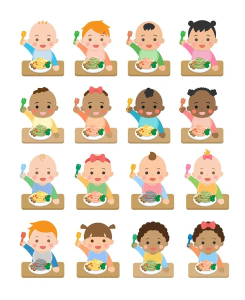 婴儿日用插图集 不同的种族和肤色 婴儿食品和婴儿面条 可爱和有趣的矢量风格插图人物 — 图库矢量图片