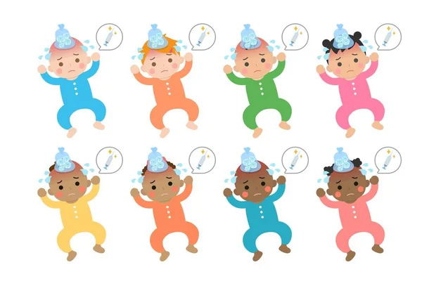 Baby Dagelijkse Leven Illustratie Set Ziek Van Koorts Bang Voor — Stockvector