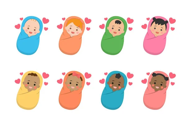 婴儿日用图片集 舒适的婴儿摇摆舞 不同的种族和肤色 可爱和嬉闹的矢量风格图片集 — 图库矢量图片