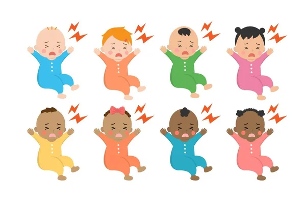 Baby Dagelijkse Illustratie Set Luidruchtig Huilen Schreeuwen Ontevredenheid Verschillende Rassen — Stockvector