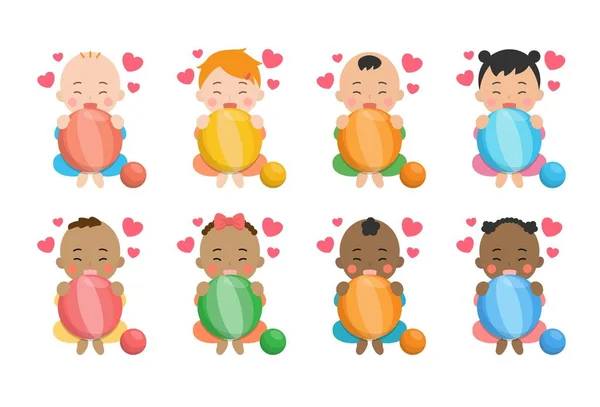 婴儿每日插图集 玩球快乐 不同的种族和肤色 可爱和好玩的矢量风格插图 — 图库矢量图片
