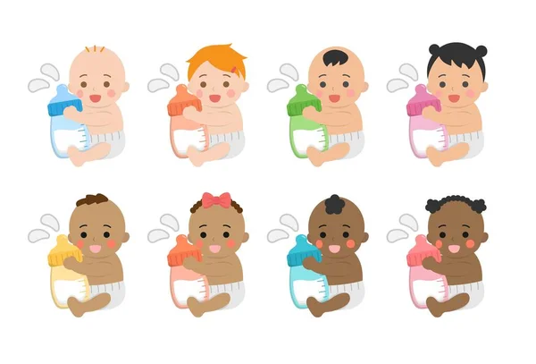 Baby Daglig Illustration Set Spädbarn Och Mjölkflaskor Olika Raser Och — Stock vektor