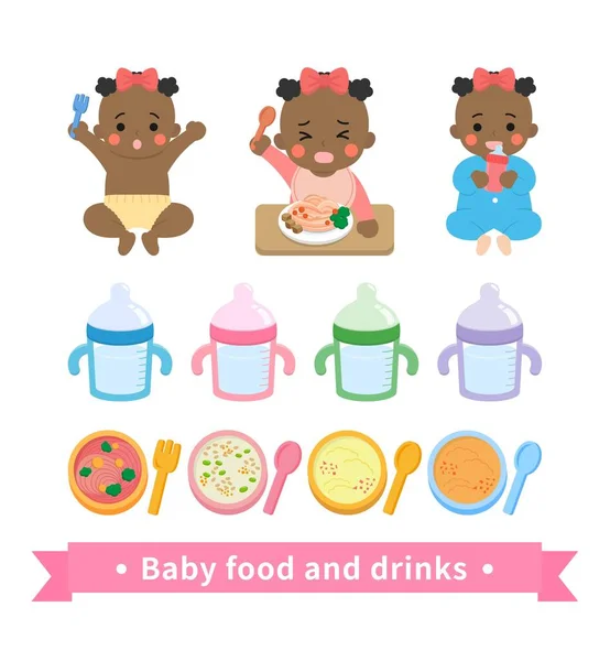Baby Daily Routine Eating Noodles Refusing Eat Drinking Milk Baby — Stock Vector