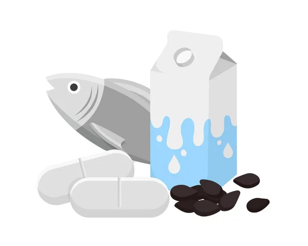 Levensmiddelen Die Botgroei Beschermen Calcium Melk Vis Zwarte Sesam Aanvullen — Stockvector