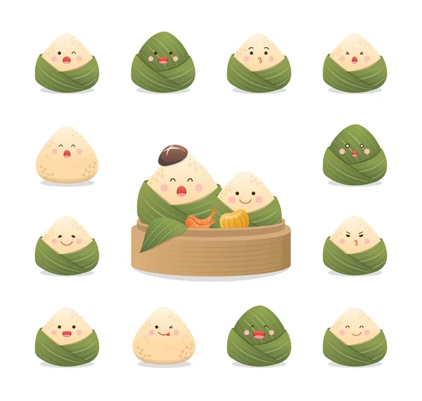 为亚洲传统节日端午节准备了一套宗子 用竹叶包裹的糯米食物 有趣可爱的吉祥物 — 图库矢量图片