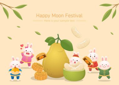 Sonbahar ortası festival partisi, şirin tavşan maskotu arkadaşlarıyla ya da aileleriyle kutlama, ay pastası ve pomelo, geleneksel Çin festivali.