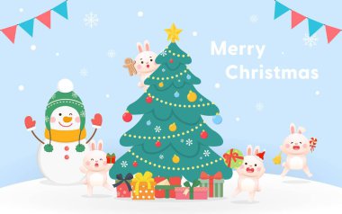 Noel tebrik kartı, sevimli tavşan ve kardan adam karakter maskotu ya da arkadaşları mutlu kutlamalar, Noel ağacı ve hediye kutusu, Mutlu Noeller ve yeni yıl, vektör karikatür tarzı