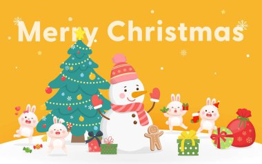 Turuncu Noel tebrik kartı, sevimli tavşan ve kardan adam karakter maskotu mutlu kutlamalar, Noel ağacı ve hediye kutusu, mutlu Noeller ve mutlu yıllar.