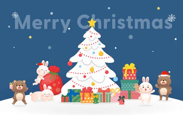 白色圣诞树与可爱的泰迪熊和兔子团聚庆祝圣诞节 夜晚森林里充满了礼物 病媒问候语和请柬 — 图库矢量图片