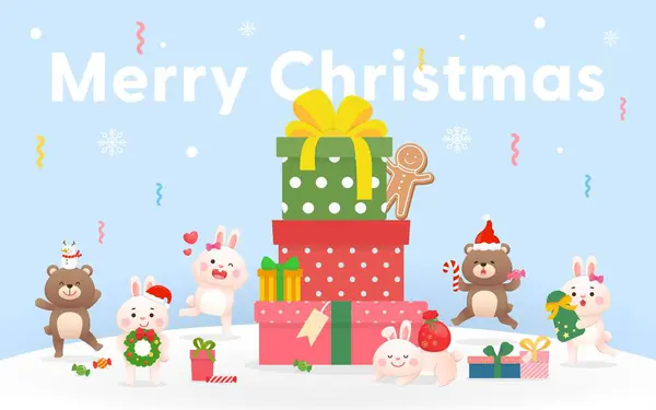 Gestapelte Geschenkboxen Mit Niedlichen Hasen Und Bären Vektorelementen Für Weihnachten — Stockvektor