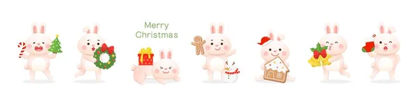 Set Cute Rabbit Character Mascots Christmas Elements Can Used Greeting — Stock Vector